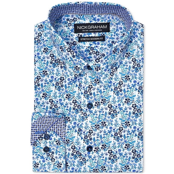 Nick Graham Mens Wildflower Button Down Dress Shirt, Blue, 14.5-15