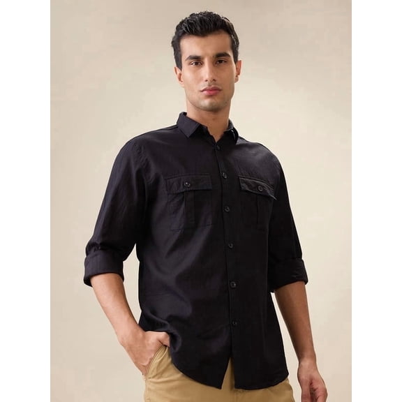 nick&jess Mens 100% Cotton Slim Fit Black Double Pocket Flap Shirts