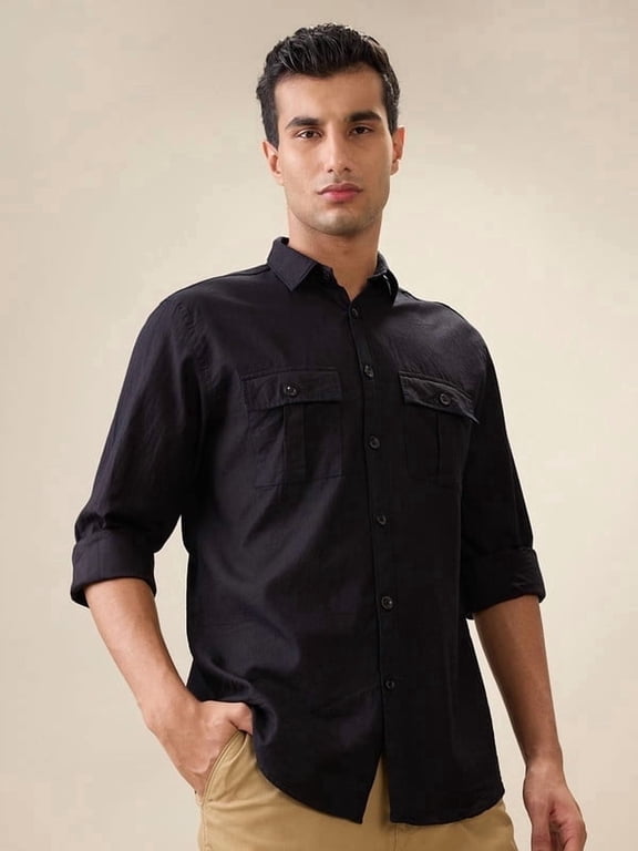 Mens 100% Cotton Slim Fit Black Double Pocket Flap Shirts