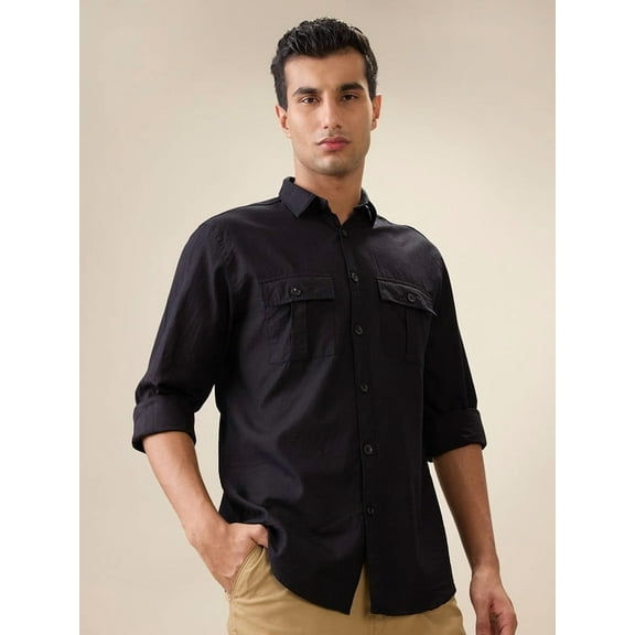 Nick&Jess Mens 100% Cotton Slim Fit Black Double Pocket Flap Shirts
