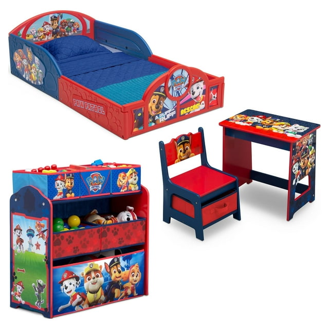 Nick Jr. PAW Patrol 4-Piece Room-in-a-Box Bedroom Set by Delta Children - Includes Sleep & Play Toddler Bed, 6 Bin Design & Store Toy Organizer and Desk with Chair