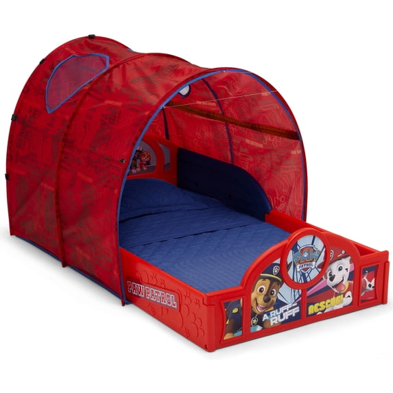 PAW Patrol Toddler Crib/Toddler Bed Traditional, Contemporary 90% plastic, 7% Fabric, 3 % Metal Toddler Beds Platform with Tent and Built-in Guardrails by Delta Children, Multicolor