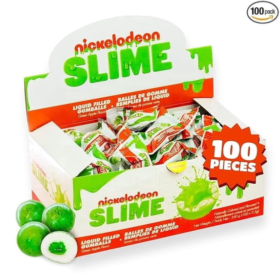 Bubblegum Kids Nickelodeon Slime Liquid Filled Gumballs, Gelatin-Free Gumball Candy, Green Apple Flavor, 100 Count