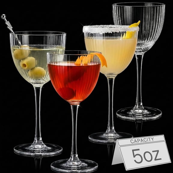 Nick and Nora Glasses Set of 4 - 5 oz Hand Blown Ribbed Martini, Manhattan, Espresso Coupe Glasses for Bar, Birthday Wedding Housewarming Gifts