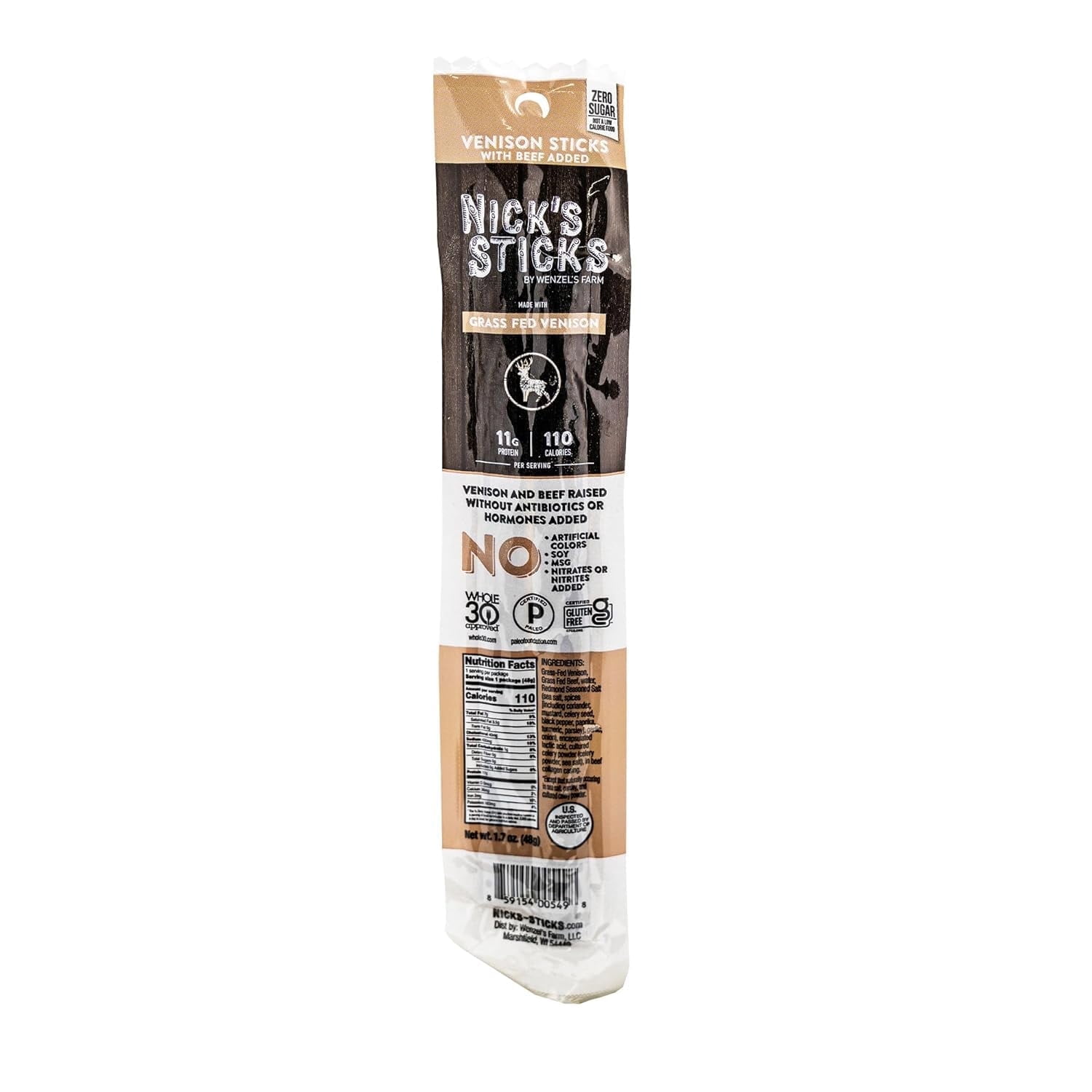Nick’s Sticks Grass-Fed Venison Snack Sticks, Gluten Free, Keto Certified, Paleo and Whole30 Approved, No MSG, High Protein Low Carb, 12 Twin Packs (1.7 oz each)