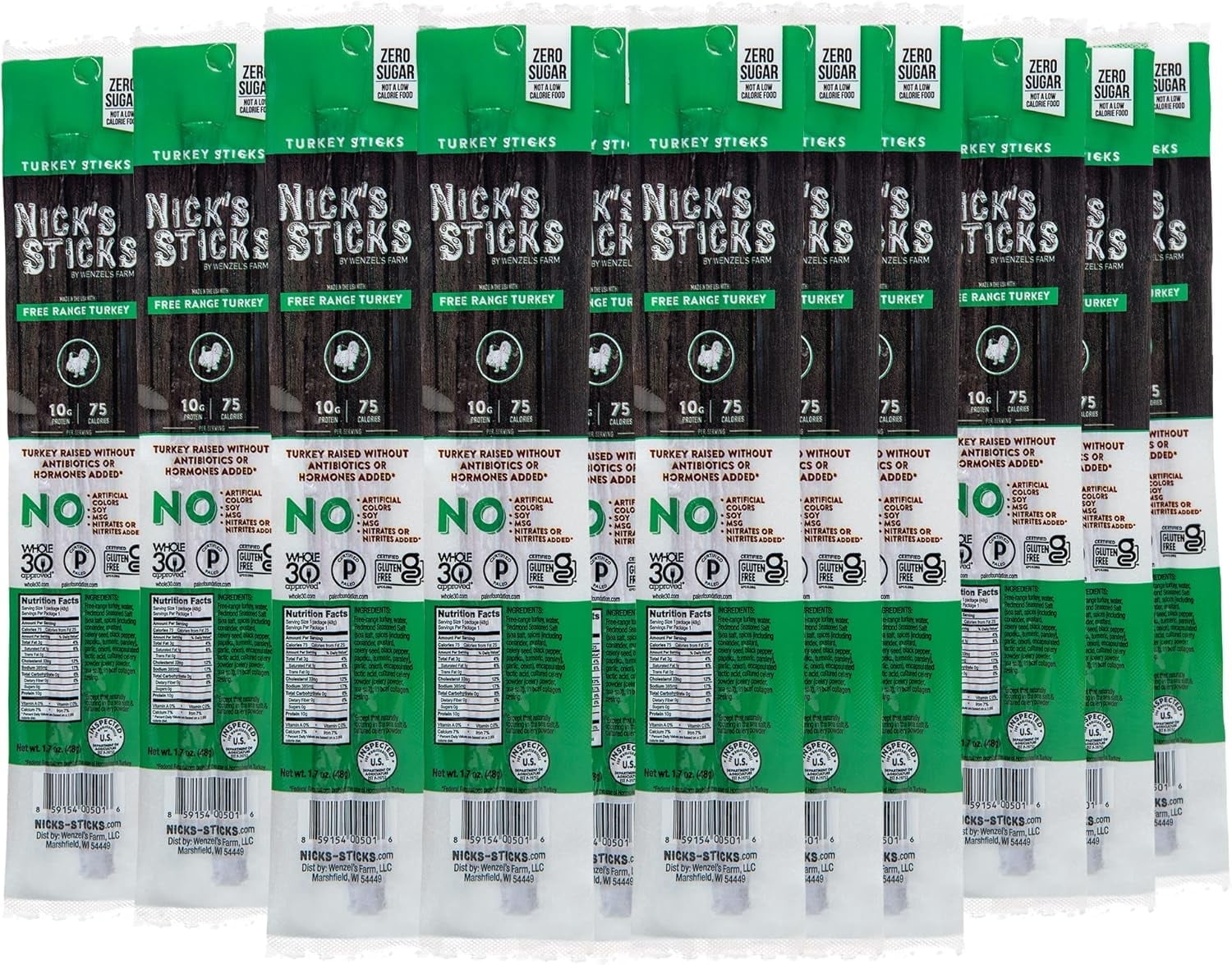 Nicks Sticks Free-Range Turkey Snack Sticks, Gluten Free, Keto Certified, Paleo and Whole30 Approved, No MSG, High Protein Low Carb, 25 Twin Packs (1.7 oz each)