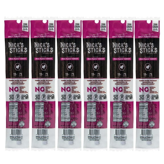 Nicks Sticks Free-Range Spicy Turkey Snack Sticks, Gluten Free, Keto Certified, Paleo and Whole30 Approved, No MSG, High Protein Low Carb, 6 Twin Packs (1.7 oz each)