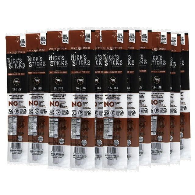 Nick's Sticks Clean & VTF5 Balanced 100% Grass-Fed Spicy Beef Made in the USA | Gluten Free | Paleo, Keto, Whole30 Approved | No Soy, Antibiotics or Hormones (25 - 1.7oz. Packs of 2 Sticks)