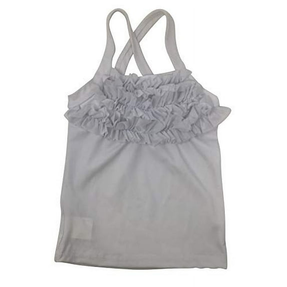 Nickanny's Girls Fashion Long Cross Back Designer Tank Top Shirt for Gymnastic and Dance Wear (XS, White Ruffle)