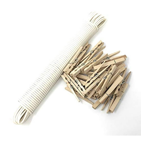 Nickanny's Portable Plastic Clothesline & Wood Clothespins w/Metal Spring Set