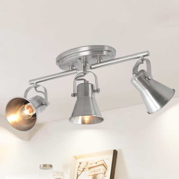 Nickel 3-Light Track Lighting Kit, Directional Ceiling Light Fixtures, Industrial Kitchen Lighting for Island, Over Table, HallwayLaundry Room