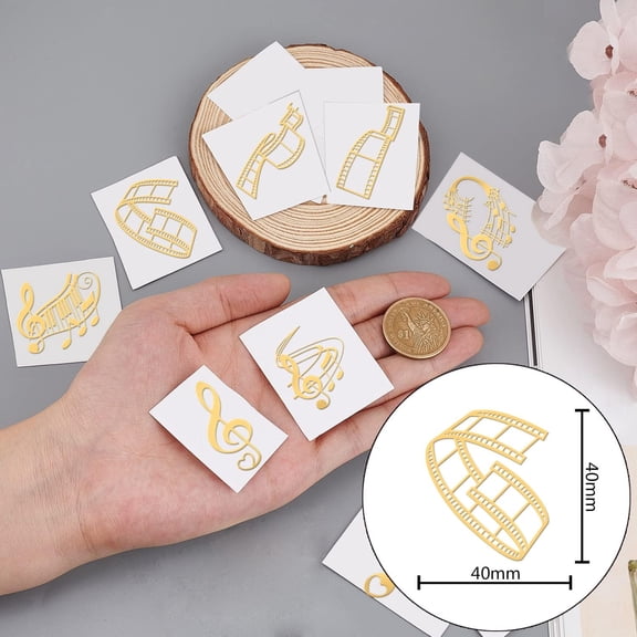 Nickel 9Pcs Golden Brass Sticker Music Note Metal Sticker Movie Scenes Decorate Stickers Self Adhesive Golden Stickers for Scrapbooks DIY Resin Crafts Phone Water Bottle Decor 1.6"x1.6"