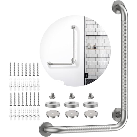 Nickel Angled Grab Bar 16x24 Inch, Bathroom Safety Bar w/Anti-Slip Knurled Grip, Wall Mount L Shaped Shower Handle for Elderly Senior Handicap, Toilet Bathtub Balance Support Bar