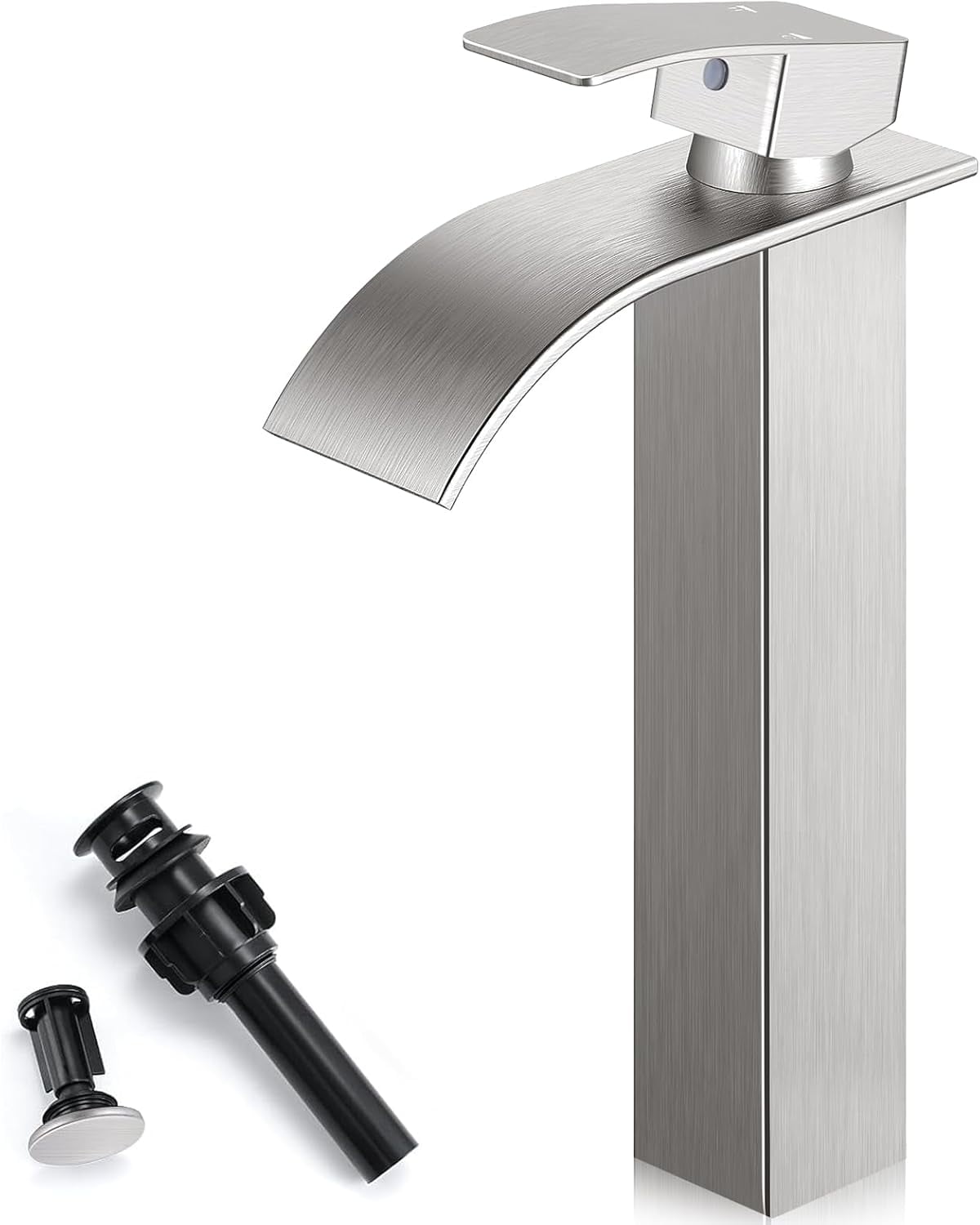 Nickel Bathroom Faucets, Tall Waterfall Bathroom Sink Faucet Modern Single Handle Bathroom Faucte 1 Hole, Tall Spout Vessel Faucet Mixer Tap Washbasin Faucet with Pop-up Drain, Supply Hoses