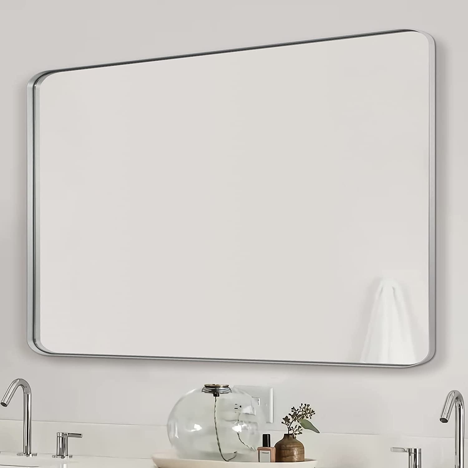 Nickel Bathroom Mirror, Silver Bathroom Vanity Wall Mounted Mirror, 30"x40" Solid Rounded