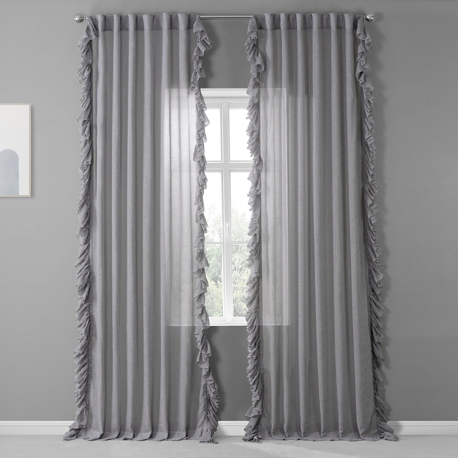 Nickel Faux Linen Ruffle Sheer Curtain (1 Panel), Nickel, 50W X 84L