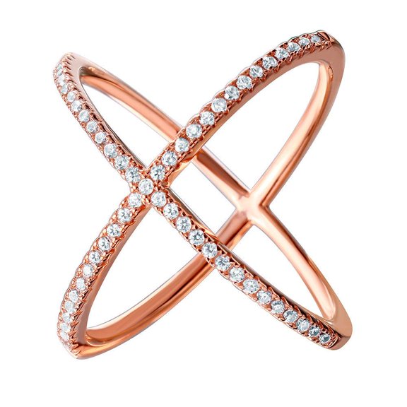 Nickel Free Rose Gold Plated Sterling Silver 925 Criss Cross Ring White Cubic Zirconia Female Size 8