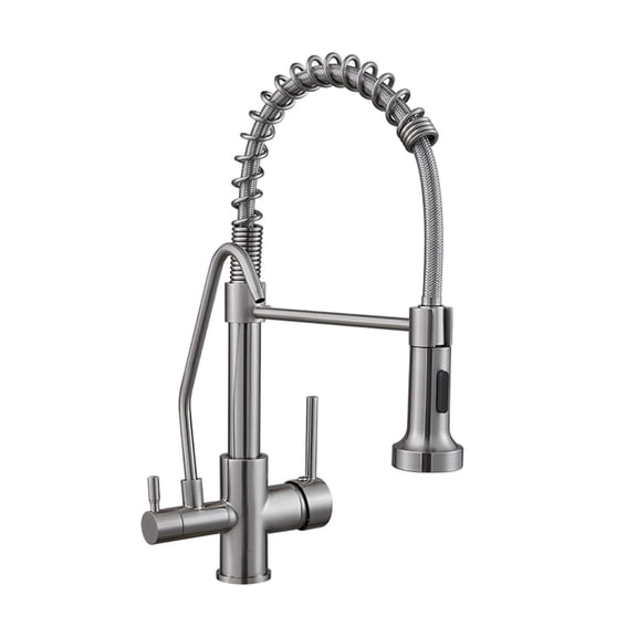 Nickel Spring Pull Down Kitchen Faucet Dual Spouts 360 Swivel Handheld Shower Kitchen Mixer Crane Hot Cold 2 Outlet Spring Taps