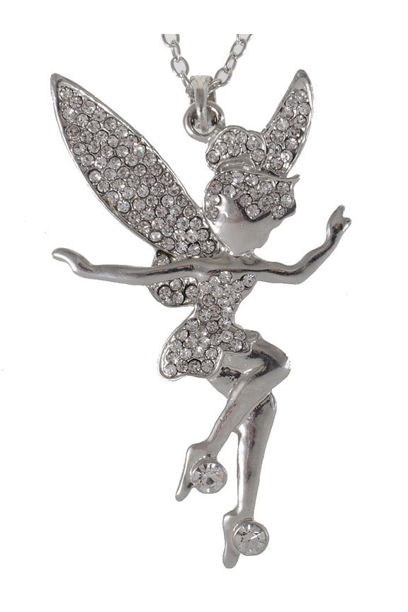 Nickel Tone Clear Rhinestones Tinkerbell Pixie Fairy Pendant Necklace
