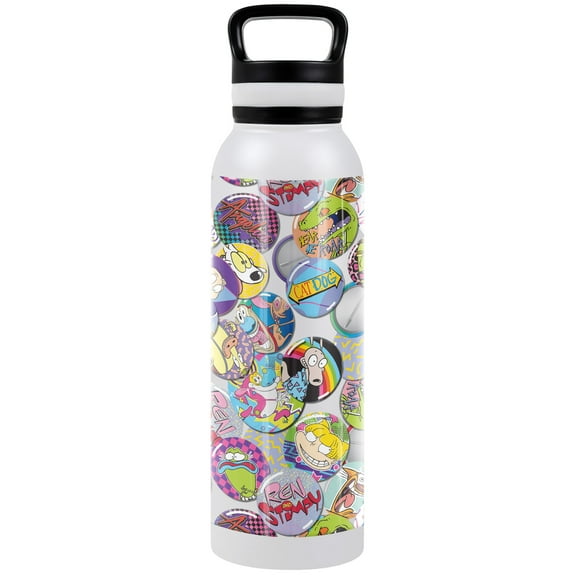 Nickelodeon 90'S Official Nick 90'S Buttons 24 oz Insulated Canteen Water Bottle, Leak Resistant, Vacuum Insulated Stainless Steel with Loop Cap
