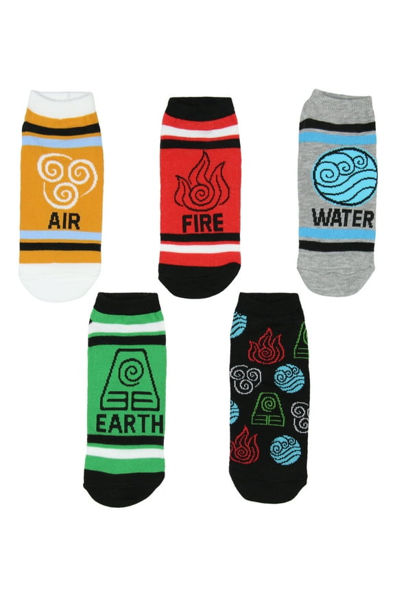 Nickelodeon Avatar The Last Airbender Elements No-Show Ankle Socks 5 Pair (9-11)