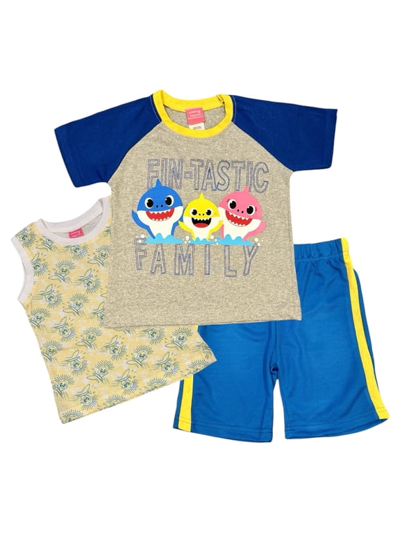 Baby Shark Boys' 3 Piece Short Set (Toddler/Kid), Grey, 3T