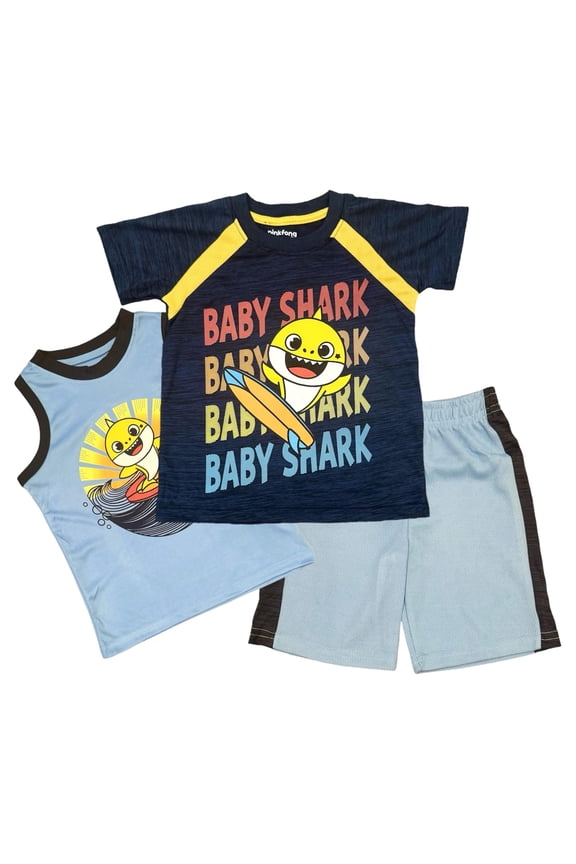 Baby Shark Boys' 3 Piece Short Set (Toddler/Kid), Navy, 4