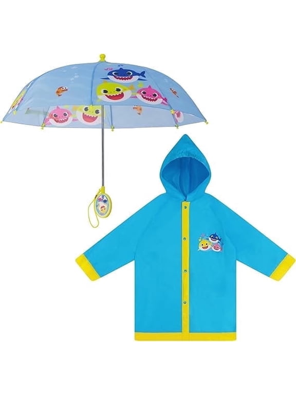 Boys Umbrella and Poncho Raincoat Set, Baby Shark Boys Rain Wear For Toddler 2-3 Or Kids 4-5