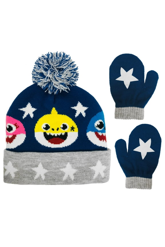 Baby Shark Warm Winter Hat and Mitten Set, Navy with Plush Pompom -Age 2-4 Toddler