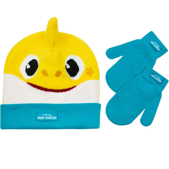 Nickelodeon Baby Shark Warm Winter Hat and Mitten Set,Yellow with Flappy Fins -Age 2-4 Toddler