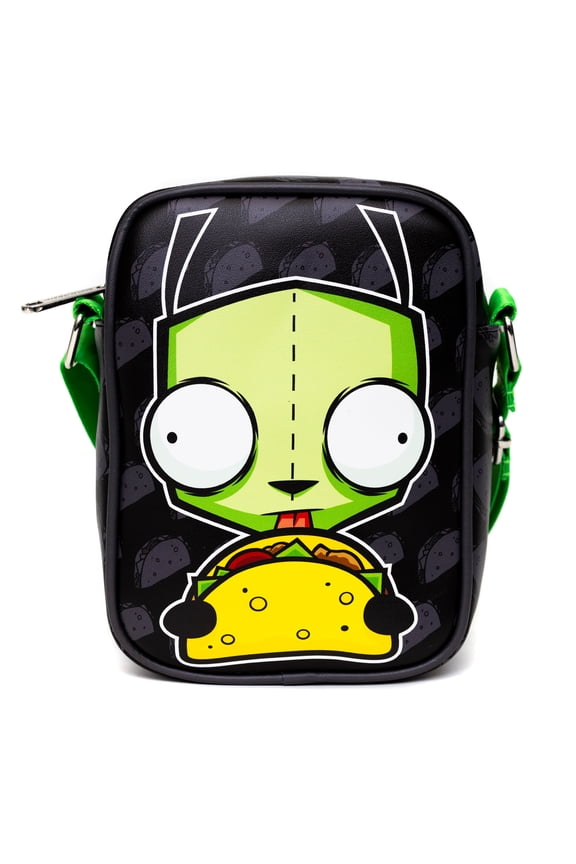 Nickelodeon Bag, Crossbody, Invader Zim GIR Taco Pose With Taco Print Black Gray, Vegan Leather