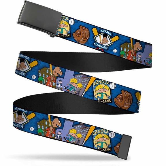 Adjustable Belt, Clamp Buckle, Cut-to-Fit, Arnold All Star Gerald Slugger Baseball Poses Blue
