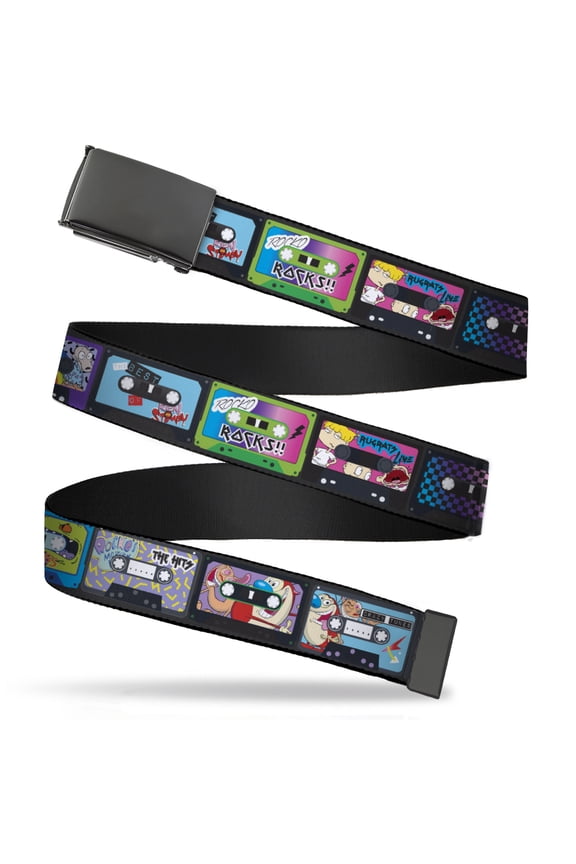 Adjustable Belt, Clamp Buckle, Cut-to-Fit, Nick 90s Rewind Mash Up Cassette Tapes Black