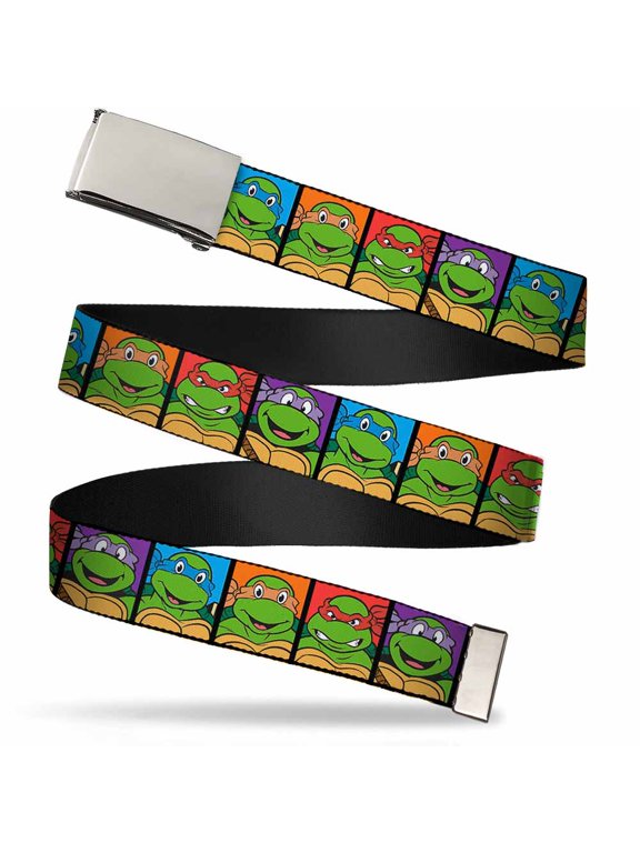 Adjustable Belt, Clamp Buckle, Cut-to-Fit, Ninja Turtles Face Blocks Black Multi Color