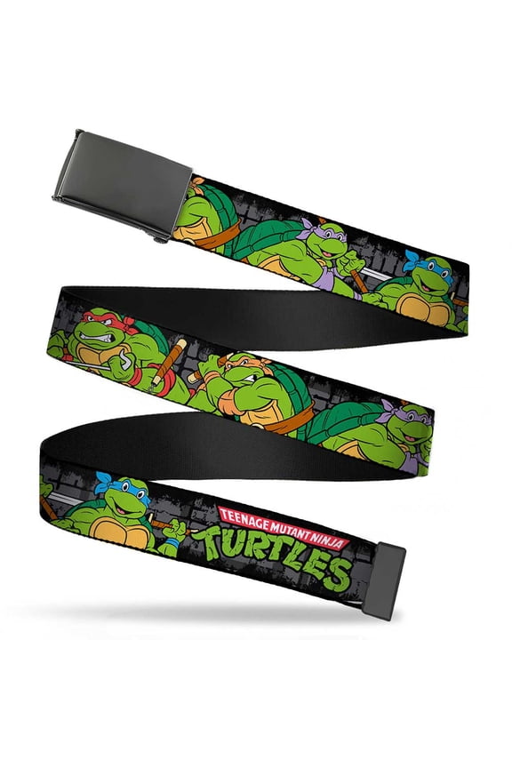 Adjustable Belt, Clamp Buckle, Cut-to-Fit, Ninja Turtles Group Pose In Sewer TMNT Logo