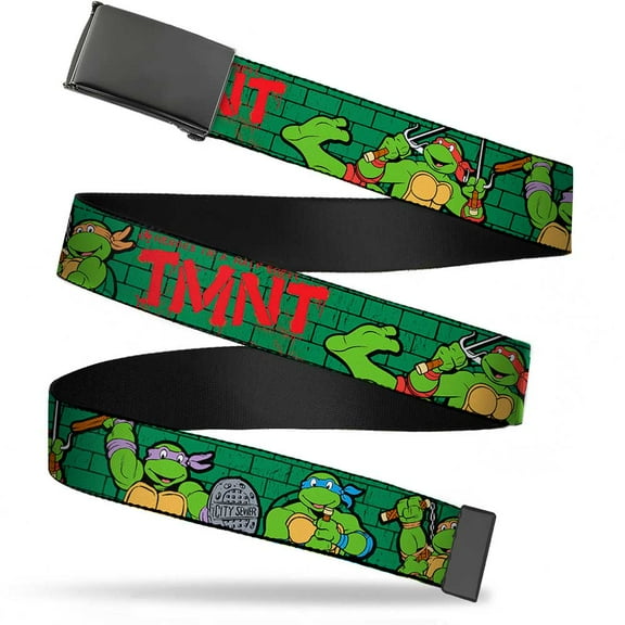 Adjustable Belt, Clamp Buckle, Cut-to-Fit, Ninja Turtles Group Pose TMNT Green Brick Wall