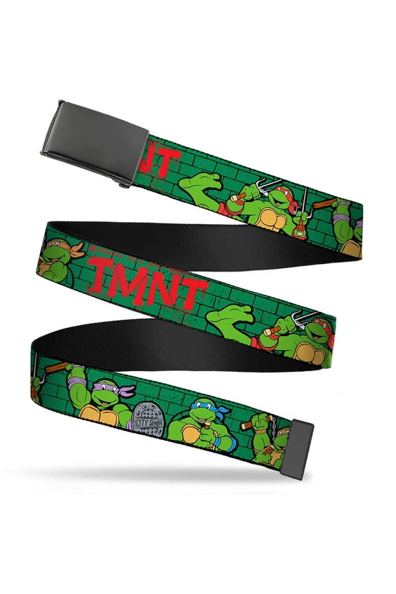 Adjustable Belt, Clamp Buckle, Cut-to-Fit, Ninja Turtles Group Pose TMNT Green Brick Wall