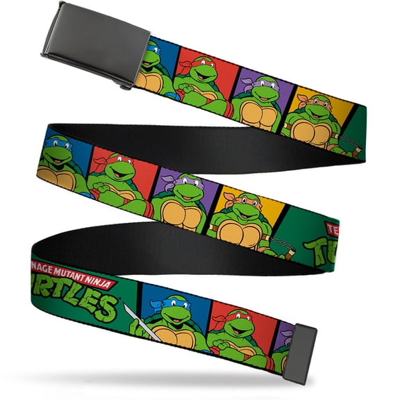 Adjustable Belt, Clamp Buckle, Cut-to-Fit, Ninja Turtles Group Pose TMNT Logo Green Multi Color