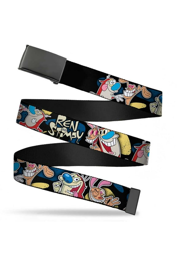 Adjustable Belt, Clamp Buckle, Cut-to-Fit, Ren Stimpy Poses Black Blue Yellow