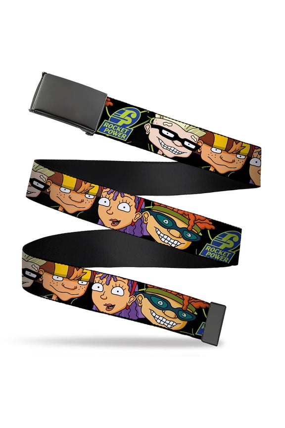 Adjustable Belt, Clamp Buckle, Cut-to-Fit, Rocket Power Logo Character Faces Close Up Black Green Blue