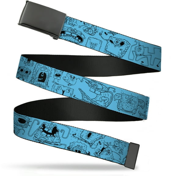 Adjustable Belt, Clamp Buckle, Cut-to-Fit, SpongeBob SquarePants Doodle Poses Blue Black