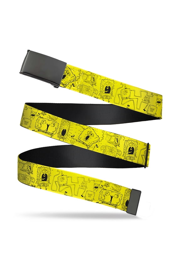 Adjustable Belt, Clamp Buckle, Cut-to-Fit, Spongebob Squarepants Poses Collage Yellow Black