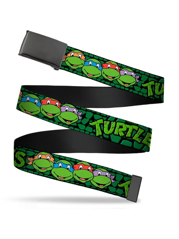 Adjustable Belt, Clamp Buckle, Cut-to-Fit, TMNT Ninja Turtles Group Faces Turtle Shell Black Green