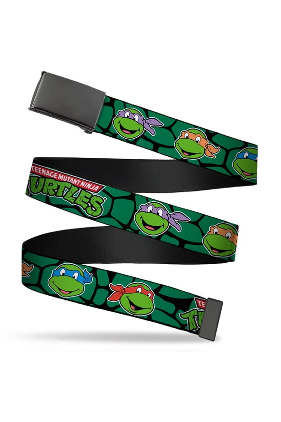 Adjustable Belt, Clamp Buckle, Cut-to-Fit, TMNT Teenage Mutant Ninja Turtles Faces Green Turtle Shell