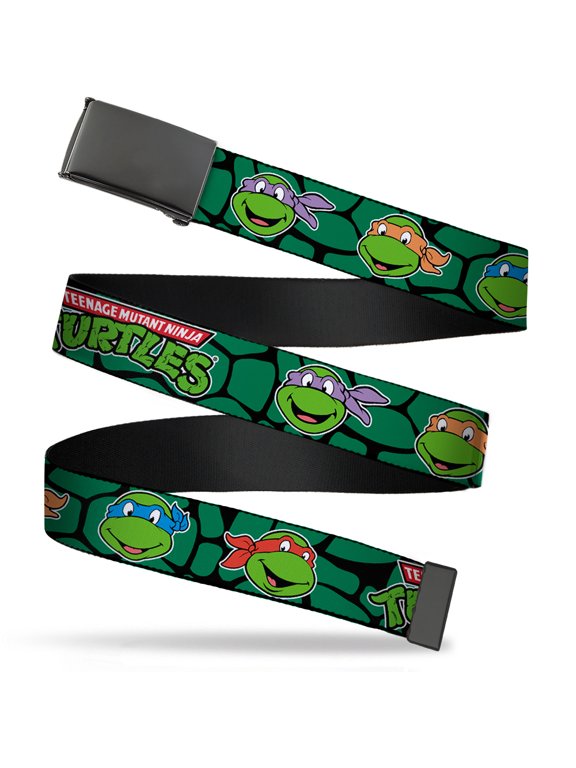 Adjustable Belt, Clamp Buckle, Cut-to-Fit, TMNT Teenage Mutant Ninja Turtles Faces Green Turtle Shell