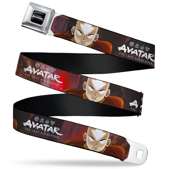 Nickelodeon Belt, Seatbelt Buckle Belt, Avatar Last Airbender Aang Pose Close Up and Title Black Reds, 30 to 44 Inches