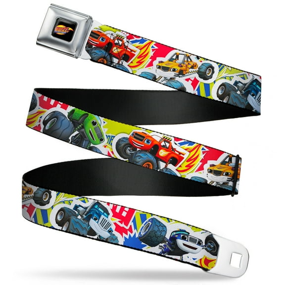 Nickelodeon Belt, Seatbelt Buckle Belt, Blaze Trucks Flames Collage Green Multi Color, 30 to 44 Inches
