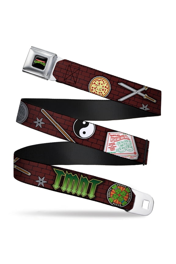 Nickelodeon Belt, Seatbelt Buckle Belt, Classic TMNT Gear Elements Brick Wall, 34 to 52 Inches