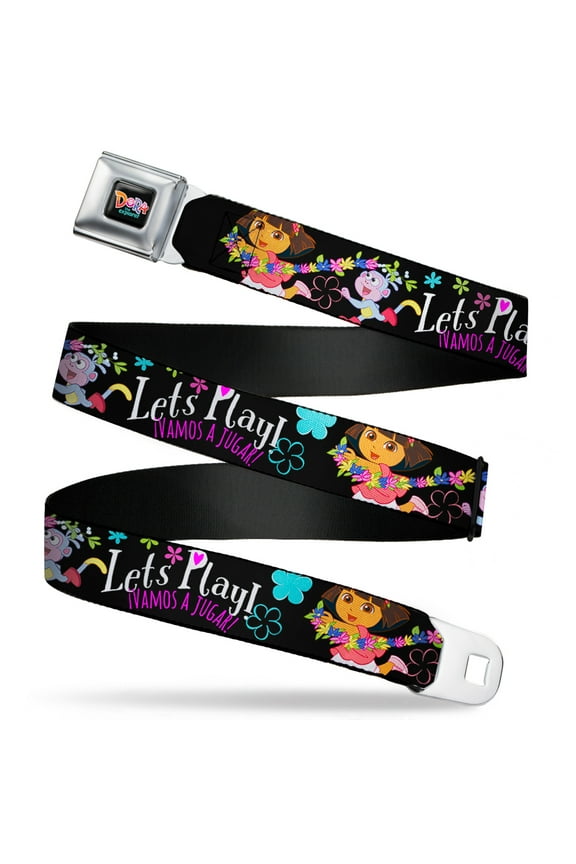 Nickelodeon Belt, Seatbelt Buckle Belt, Dora Boots Pose Floral Lets Play Vamos A Jugar Black, Youth 22 to 32 Inches