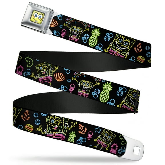 Nickelodeon Belt, Seatbelt Buckle Belt, Electric Spongebob Poses Elements Black Multi Color, 34 to 52 Inches